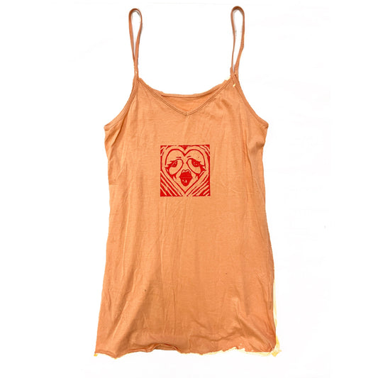 orange strappy cami top with red heart lino print