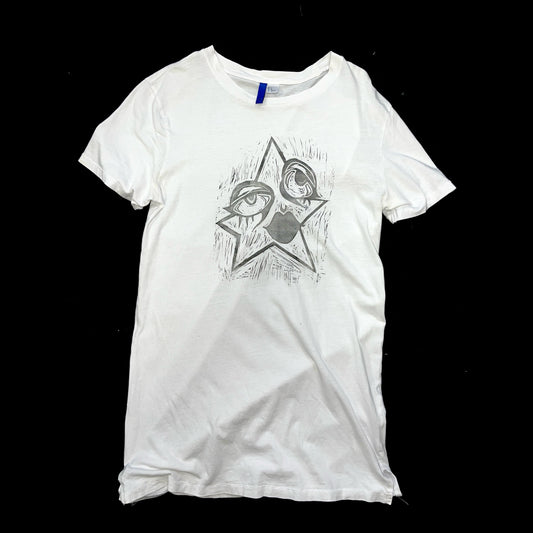 White t shirt with black cartoon star graphic