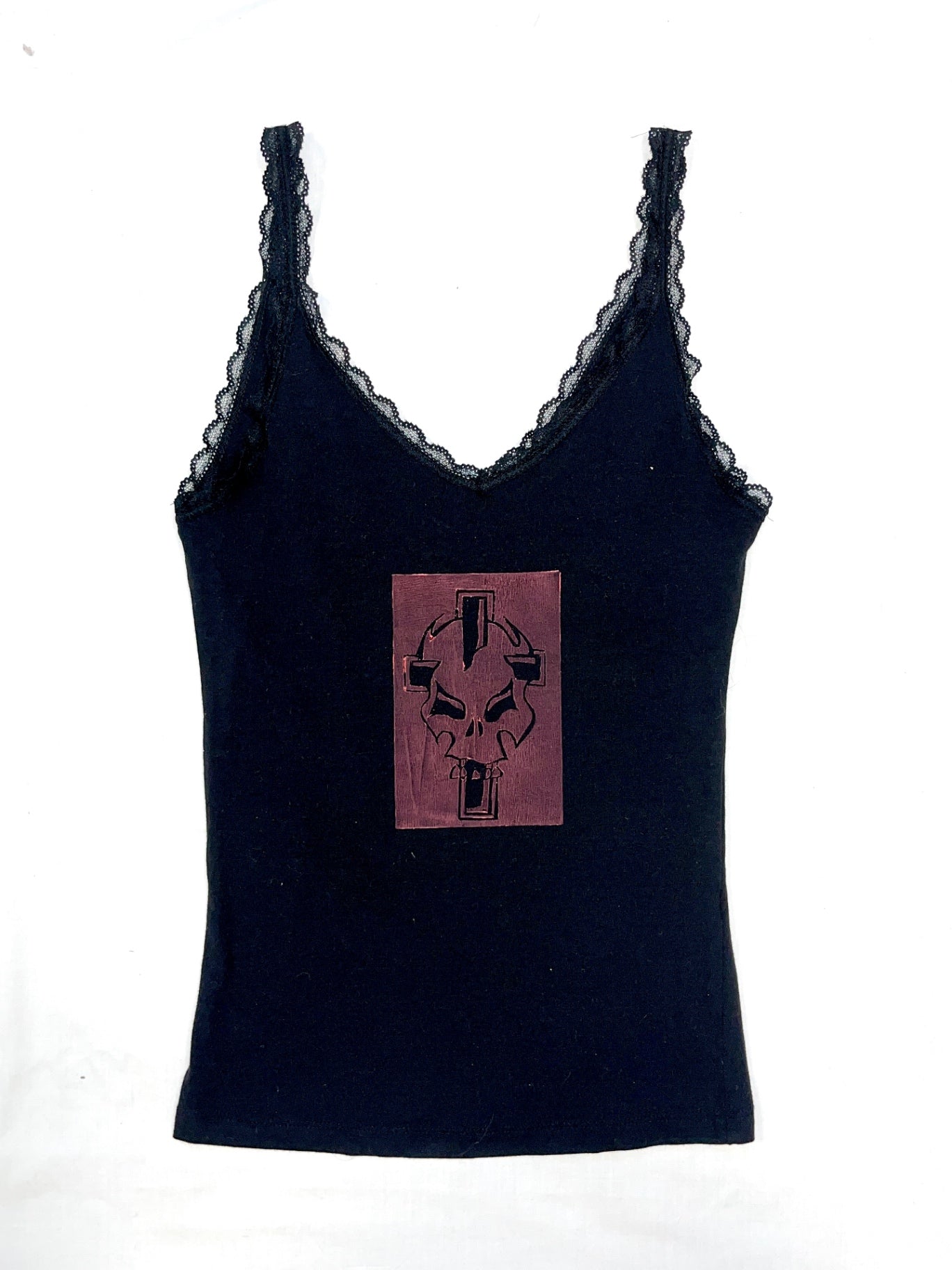 Black lacey tank top with gothic skull & cross graphic