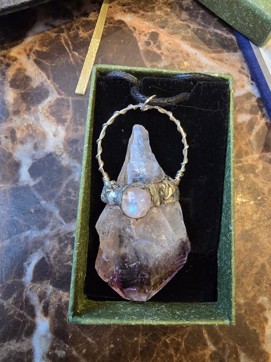 Amethyst and moonstone point pendant