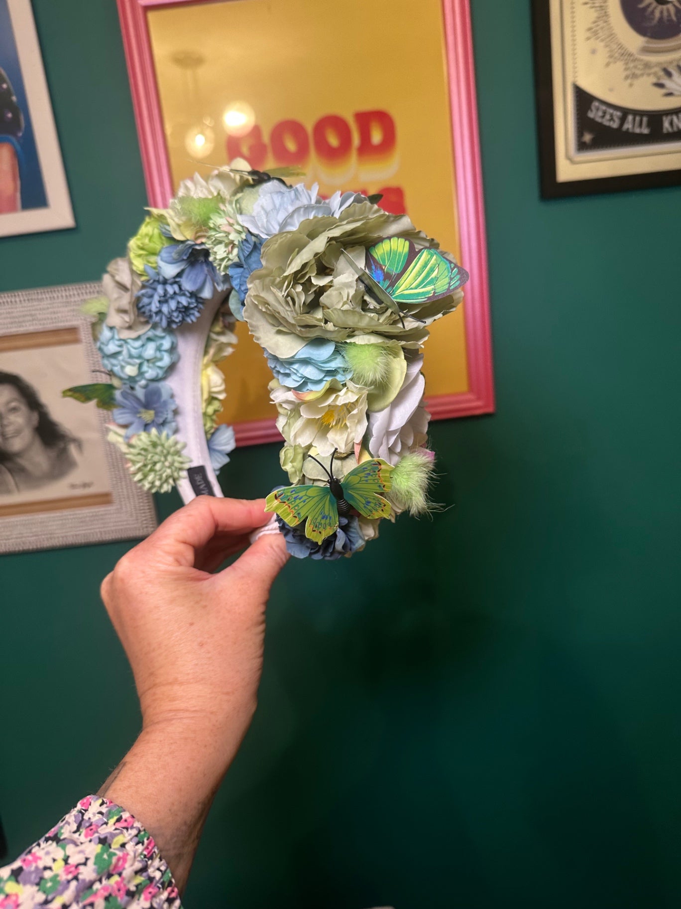 Green butterfly flower crown