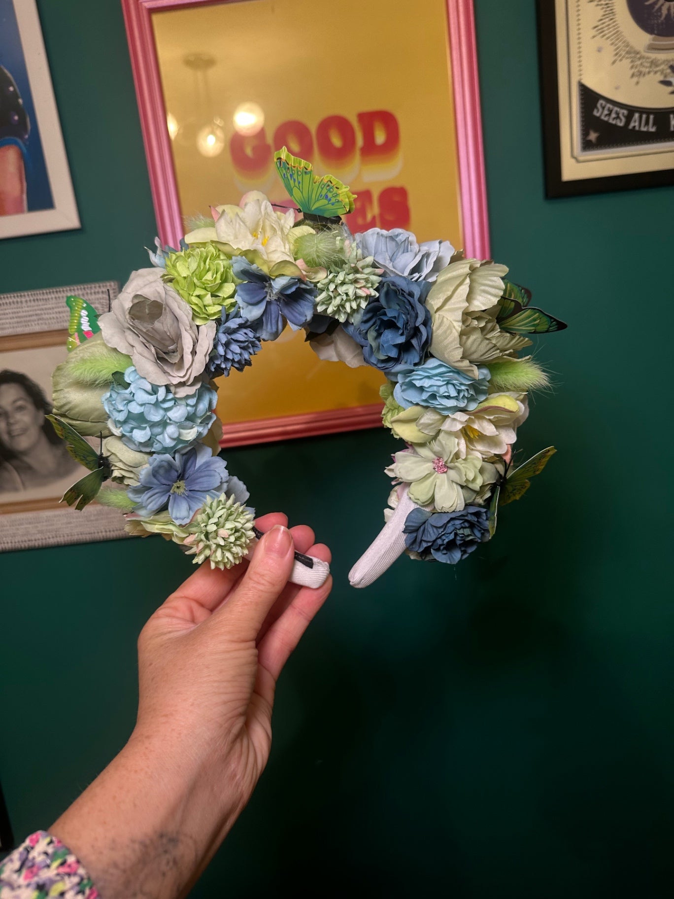 Green butterfly flower crown