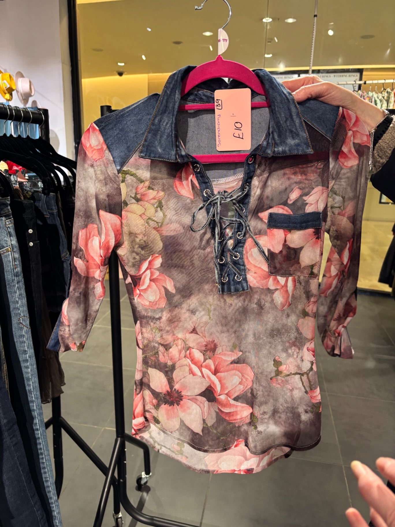 Floral print denim blouse