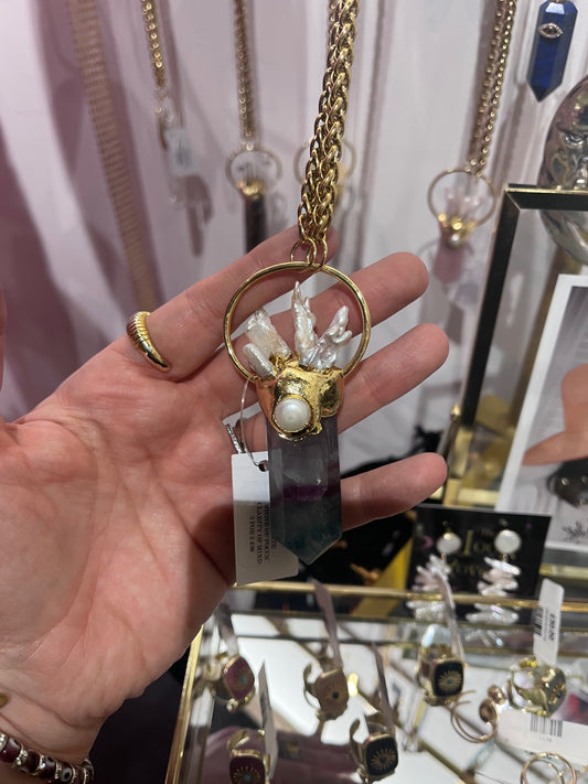 Amulet fluorite biwa Pearl long gold necklace