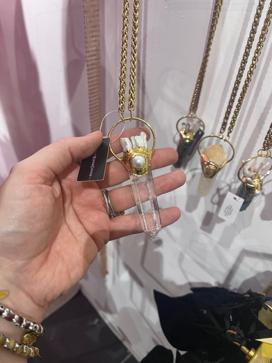 Amulet Clear Quartz biwa Pearl long gold necklace