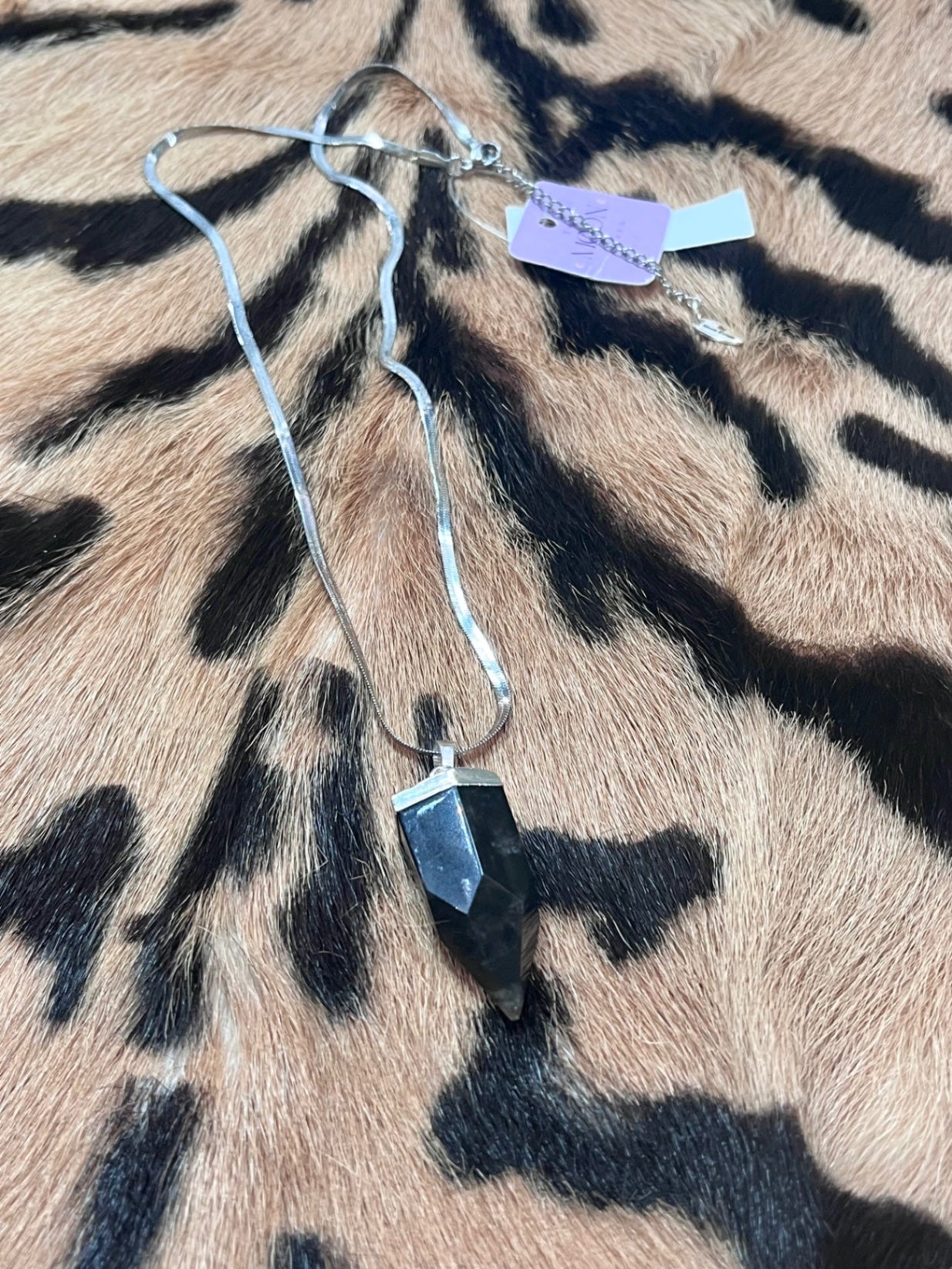 Obsidian point pendant silver necklace