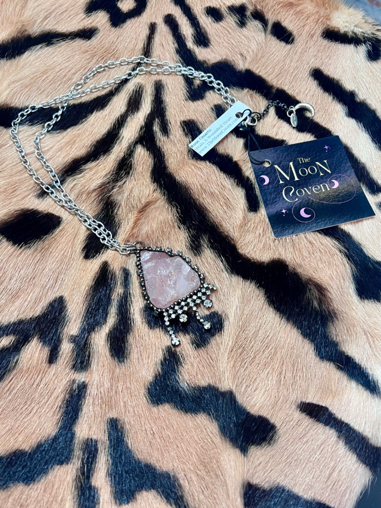 Raw Rose Quartz Diamanté silver necklace