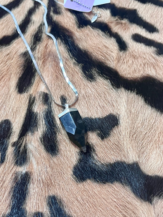 Obsidian point pendant silver necklace