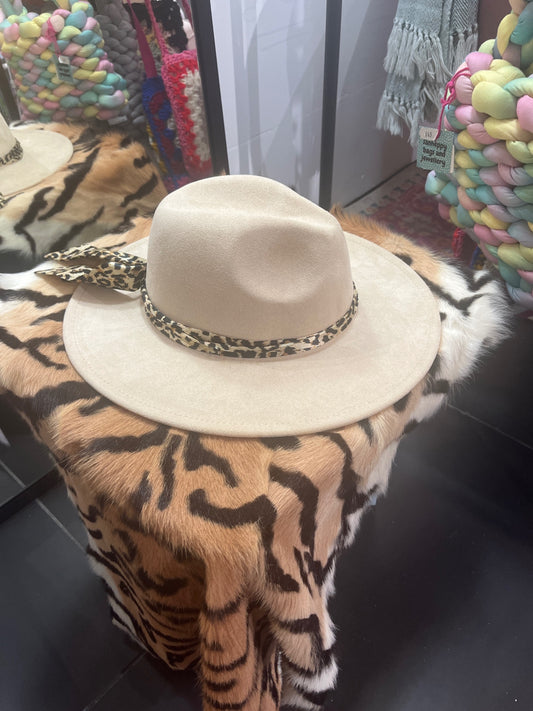 Leopard print cream suede fedora