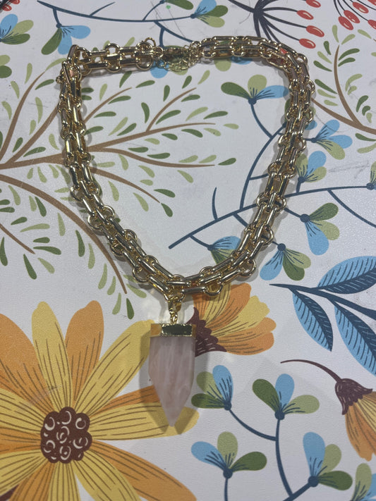 Rose Quartz point chunky gold necklace