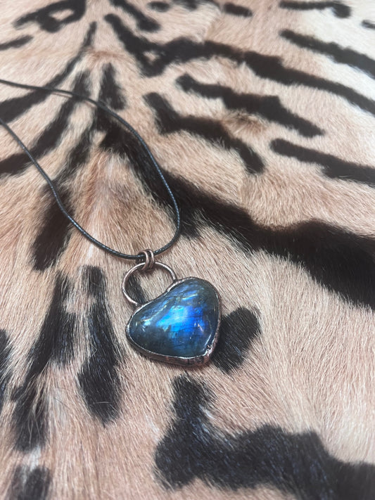 Labradorite Heart necklace on leather rope