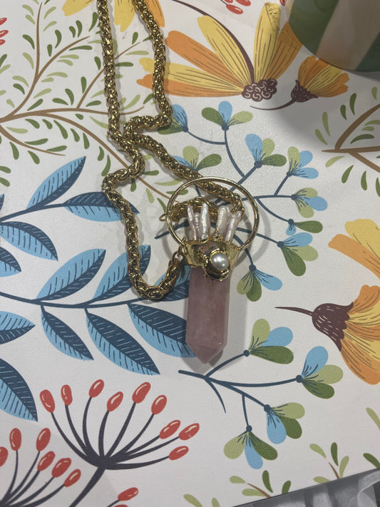 Rose Quartz Biwa Pearl Amulet