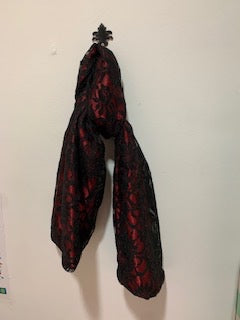 Red satin scarf, black lace overlay