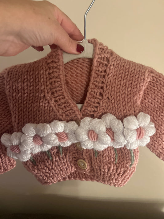 Handknitted Pink With Daisies 3 - 6 Months
