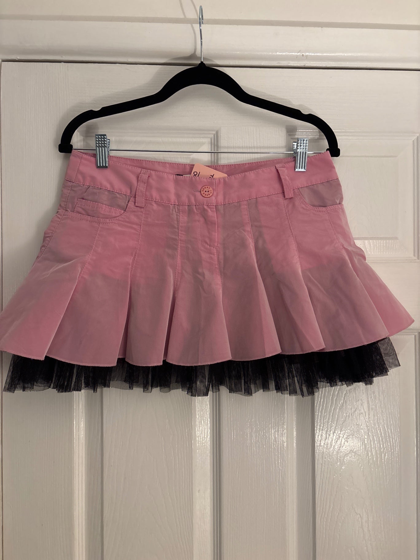 Pink Denny rose mini skirt with black mesh