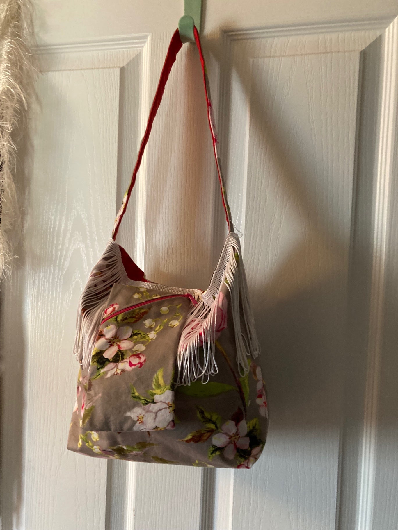 Peony pink, white fringe and small phone purse