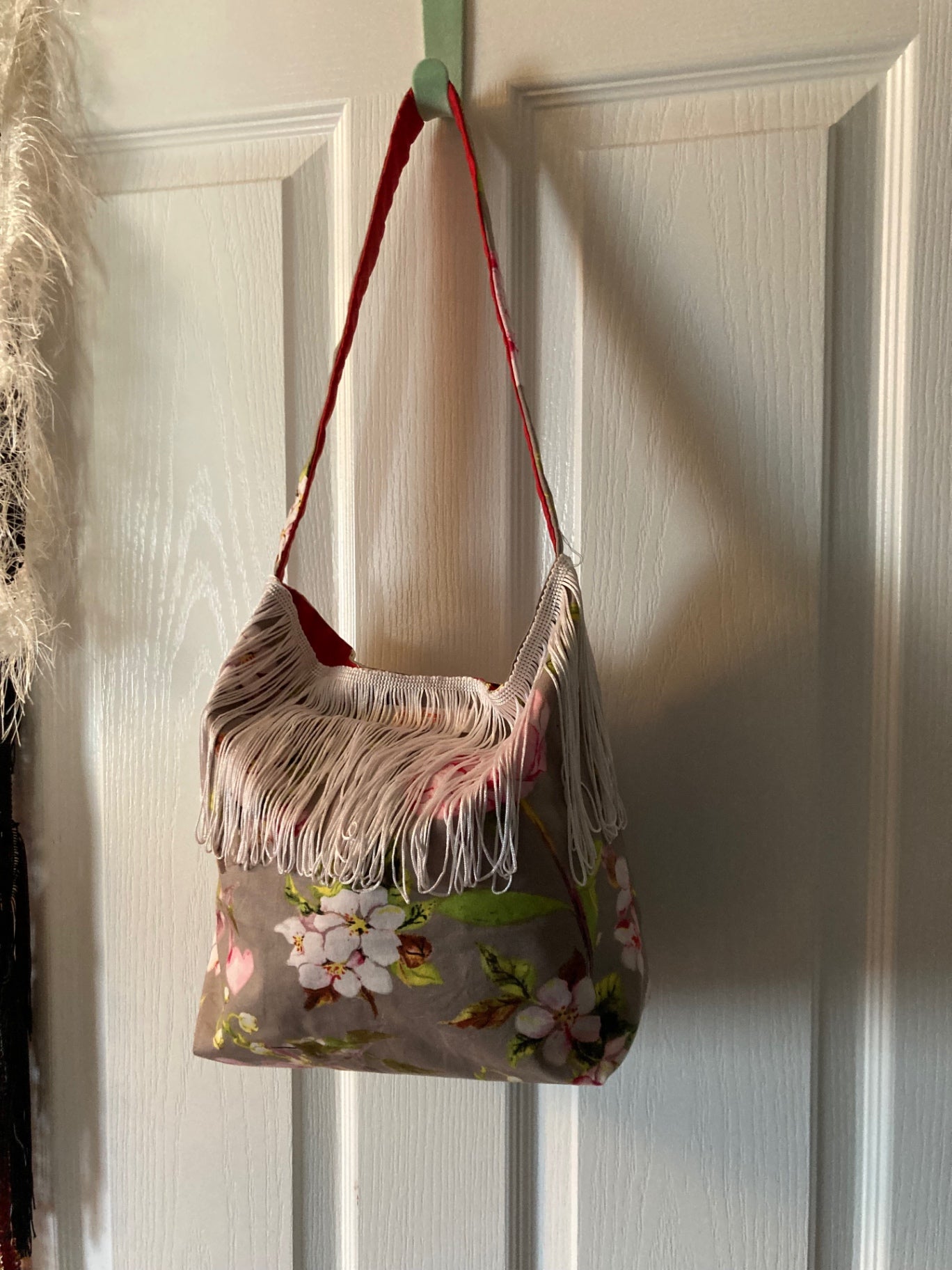 Peony pink, white fringe and small phone purse