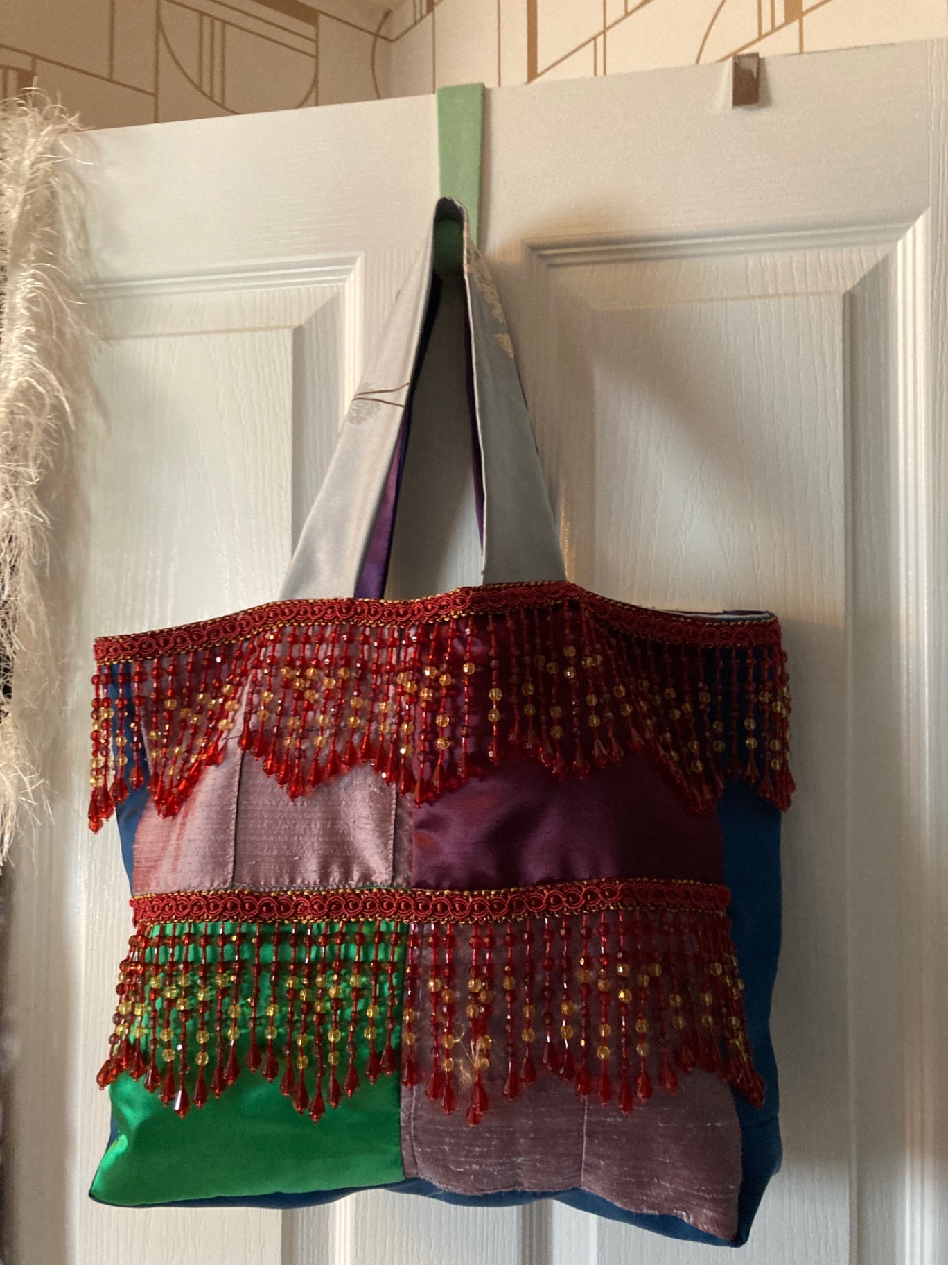 Four sq, red bead front, blue vintage reverse, white fringe