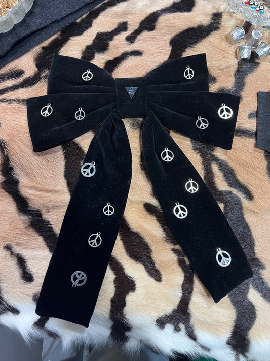 Peace Silver Black Velvet Hair Bow