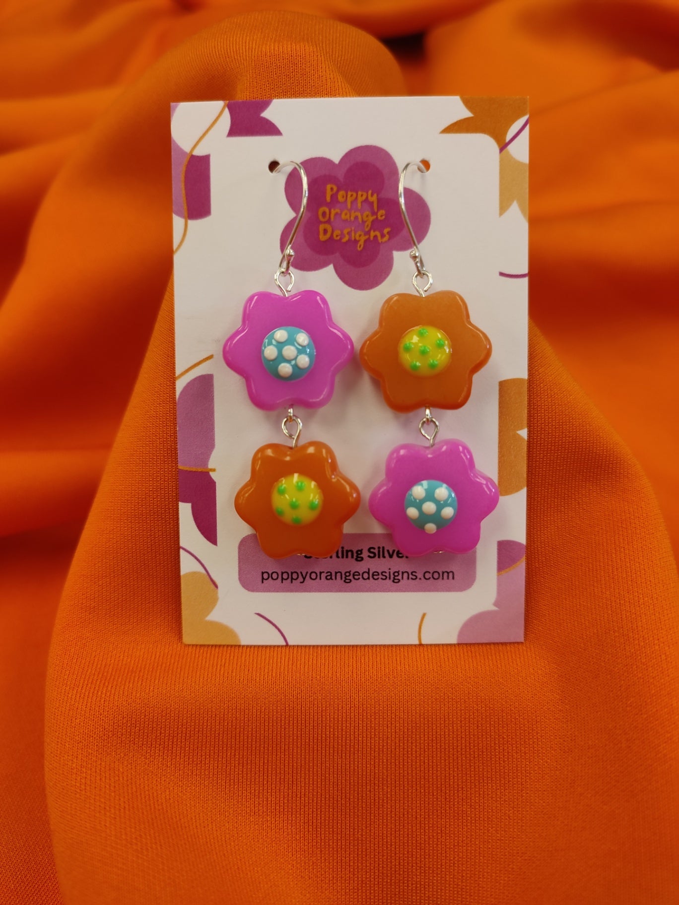 Pink Orange Dangle Flower Earrings