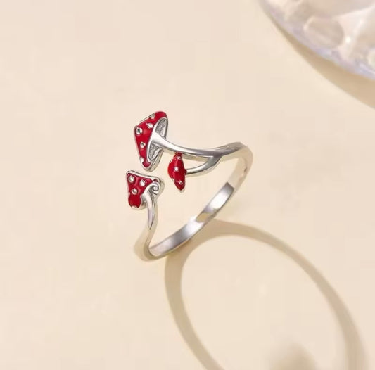 Silver Red Mushroom Adjustable Ring