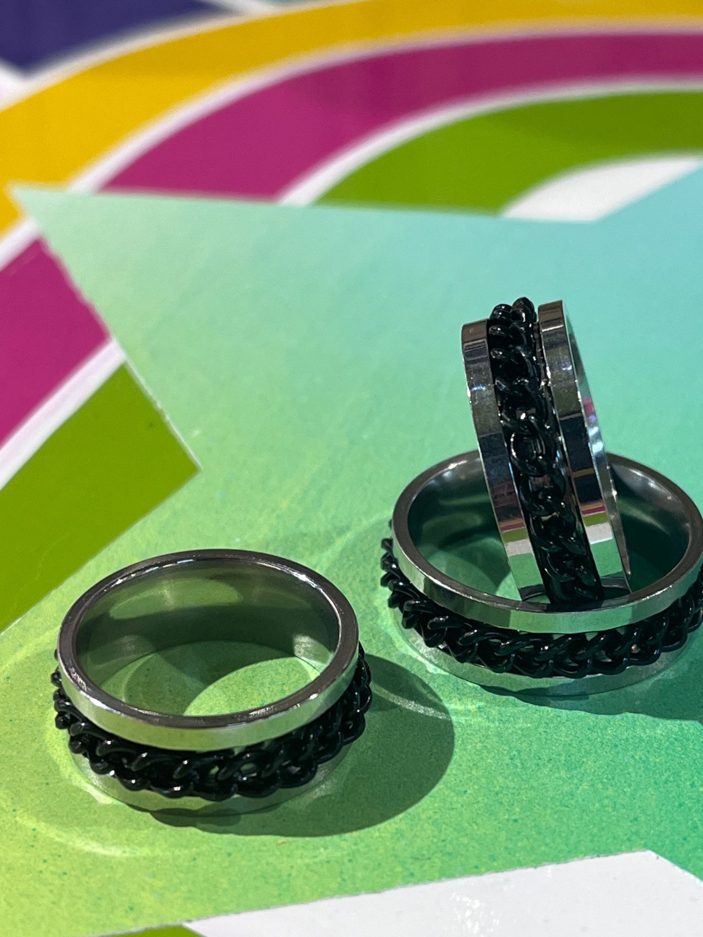 Anti Anxiety Silver Black Chain Ring S10