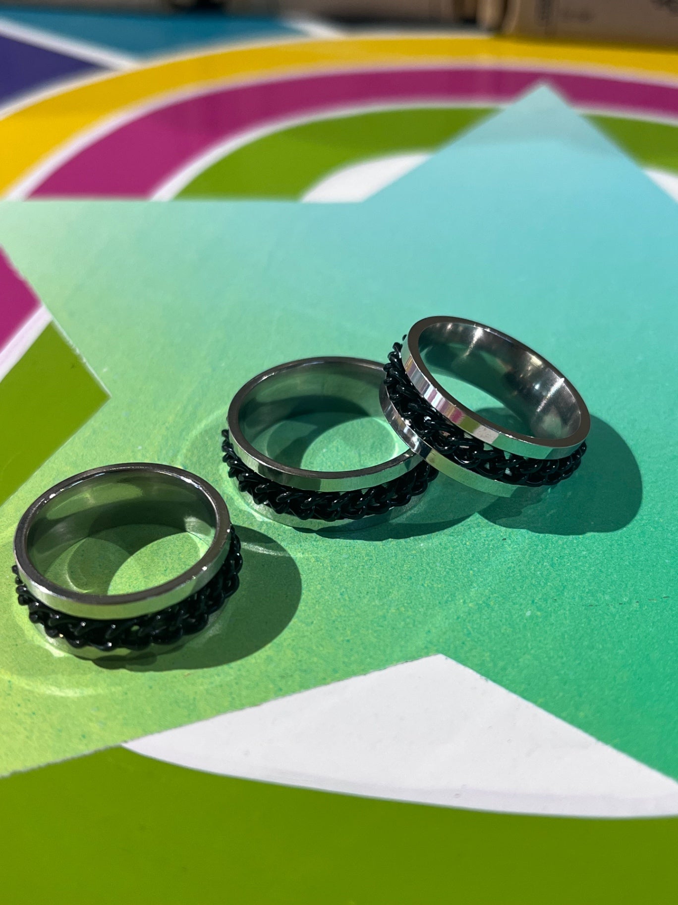 Anti Anxiety Silver Black Chain Ring S10