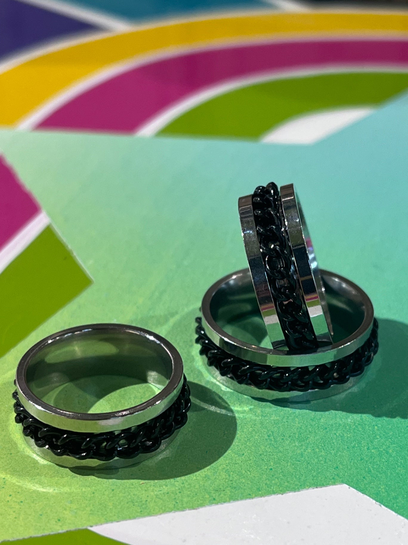 Anti Anxiety Silver Black Chain Ring S10