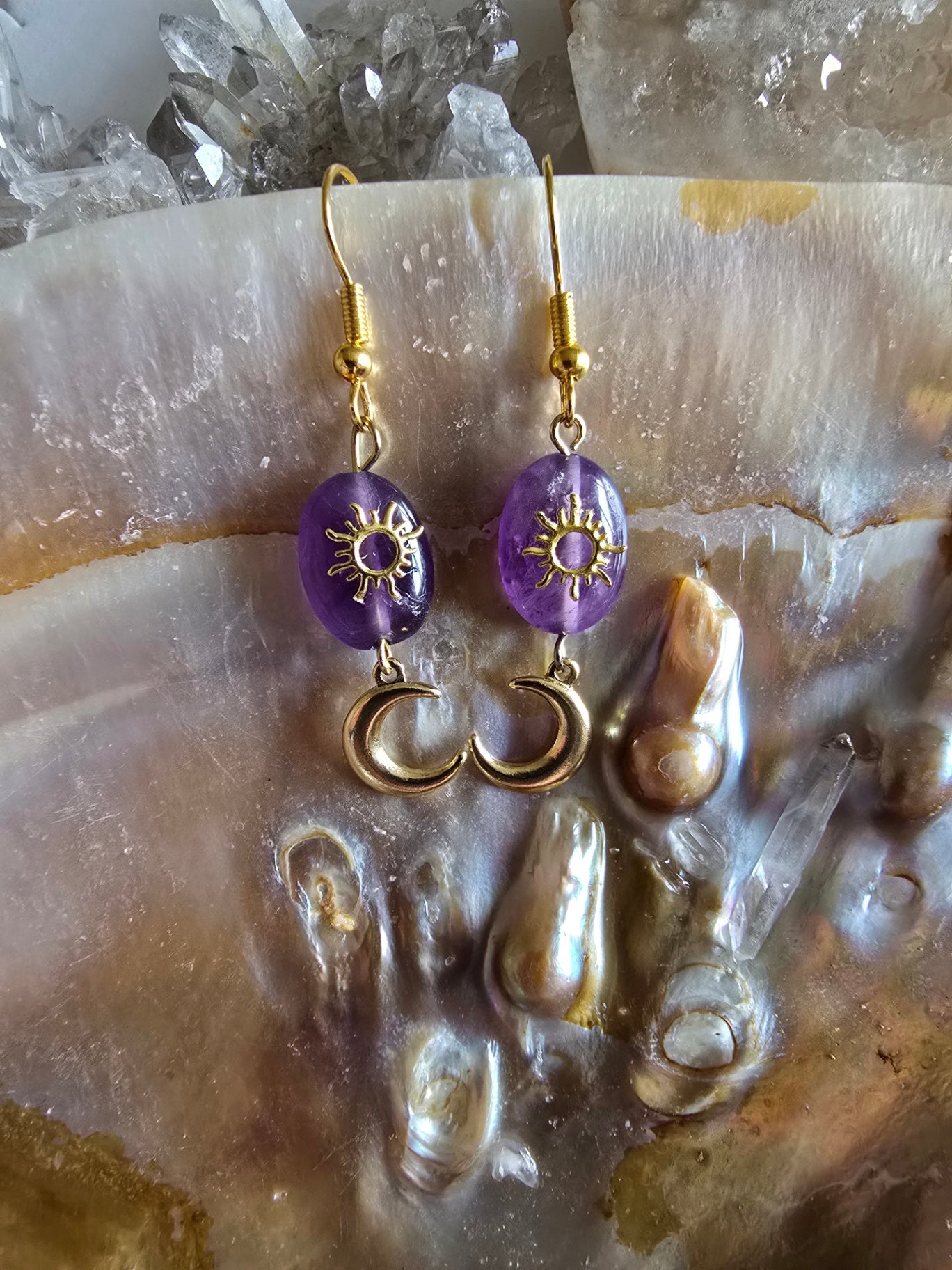 Amethyst sun and moon earrings