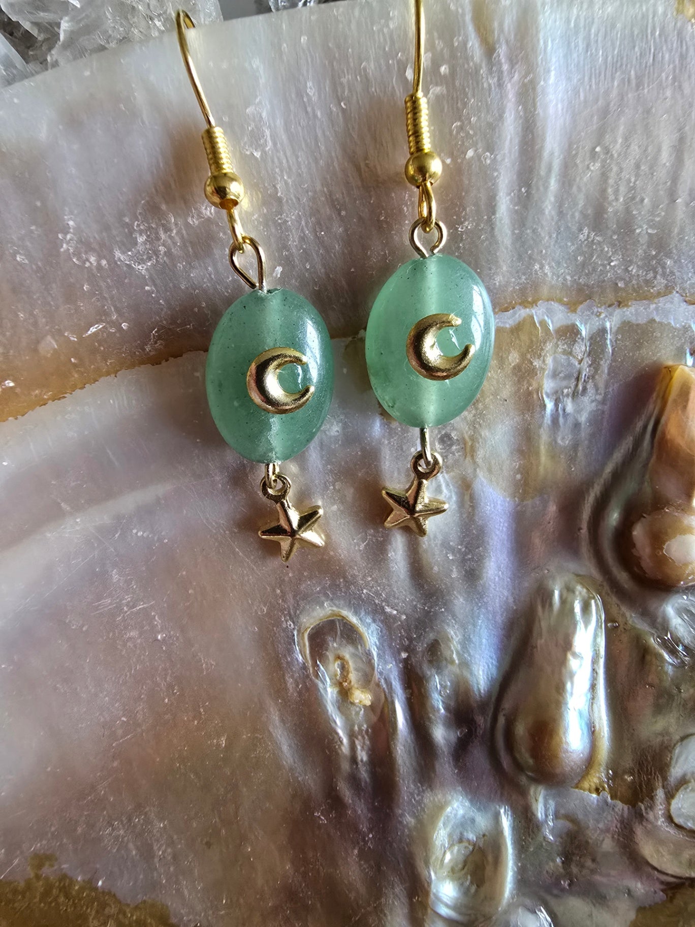 Green aventurine moon and star earrings