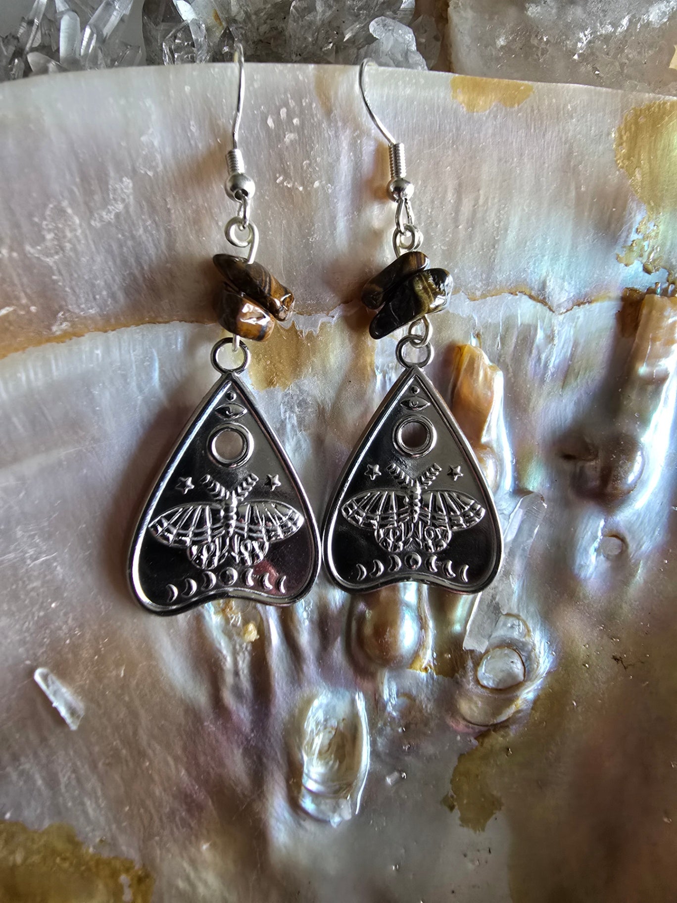 Tigers eye moth earrings