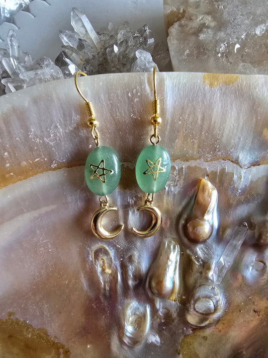 Green aventurine star and moon earrings