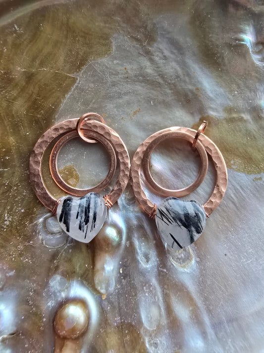 Clear quartz and tourmaline copper earrings
