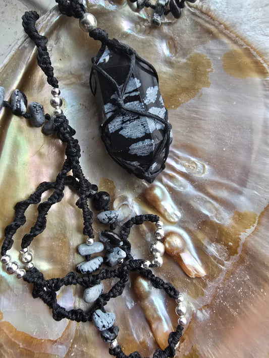 Snowflake obsidian dt macrame necklace