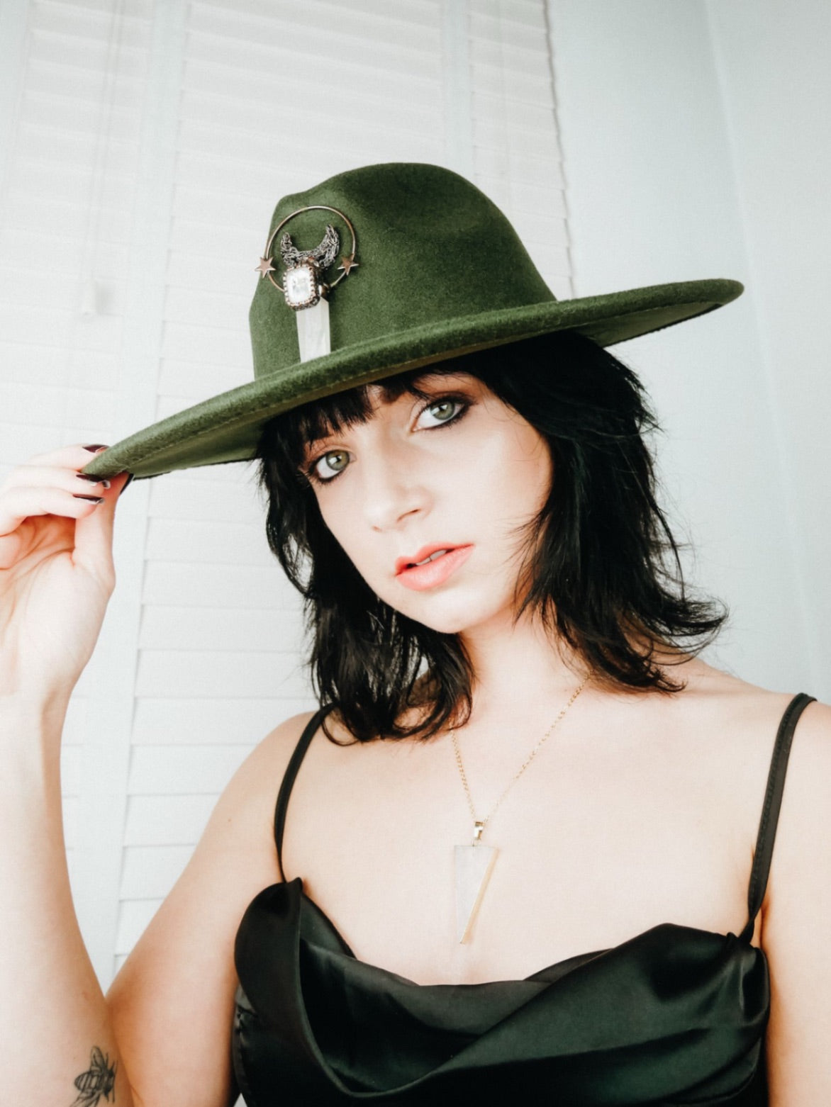 Black Fedora with Clear Quartz Amulet