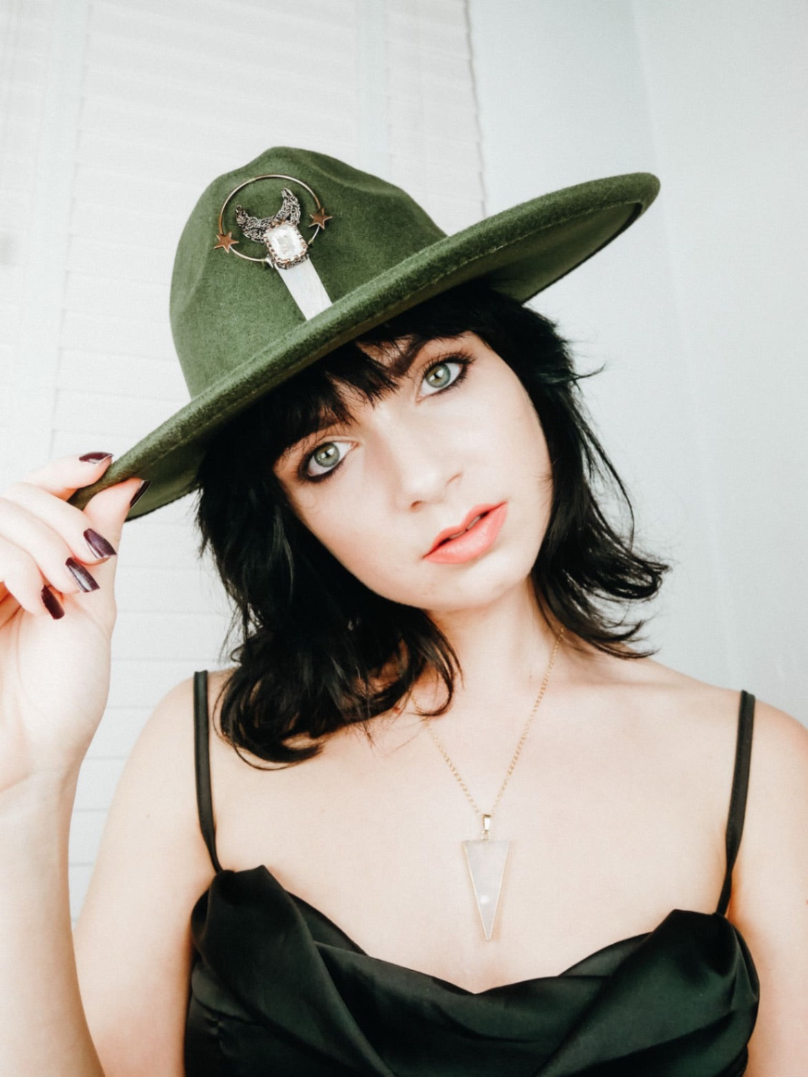Black Fedora with Clear Quartz Amulet