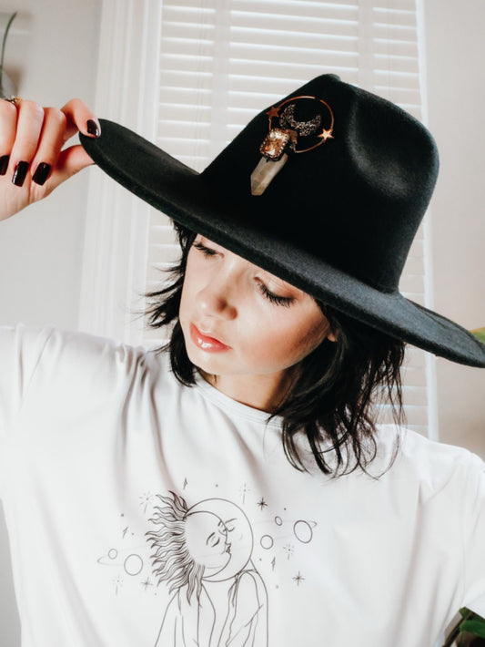 Black Fedora with Clear Quartz Amulet