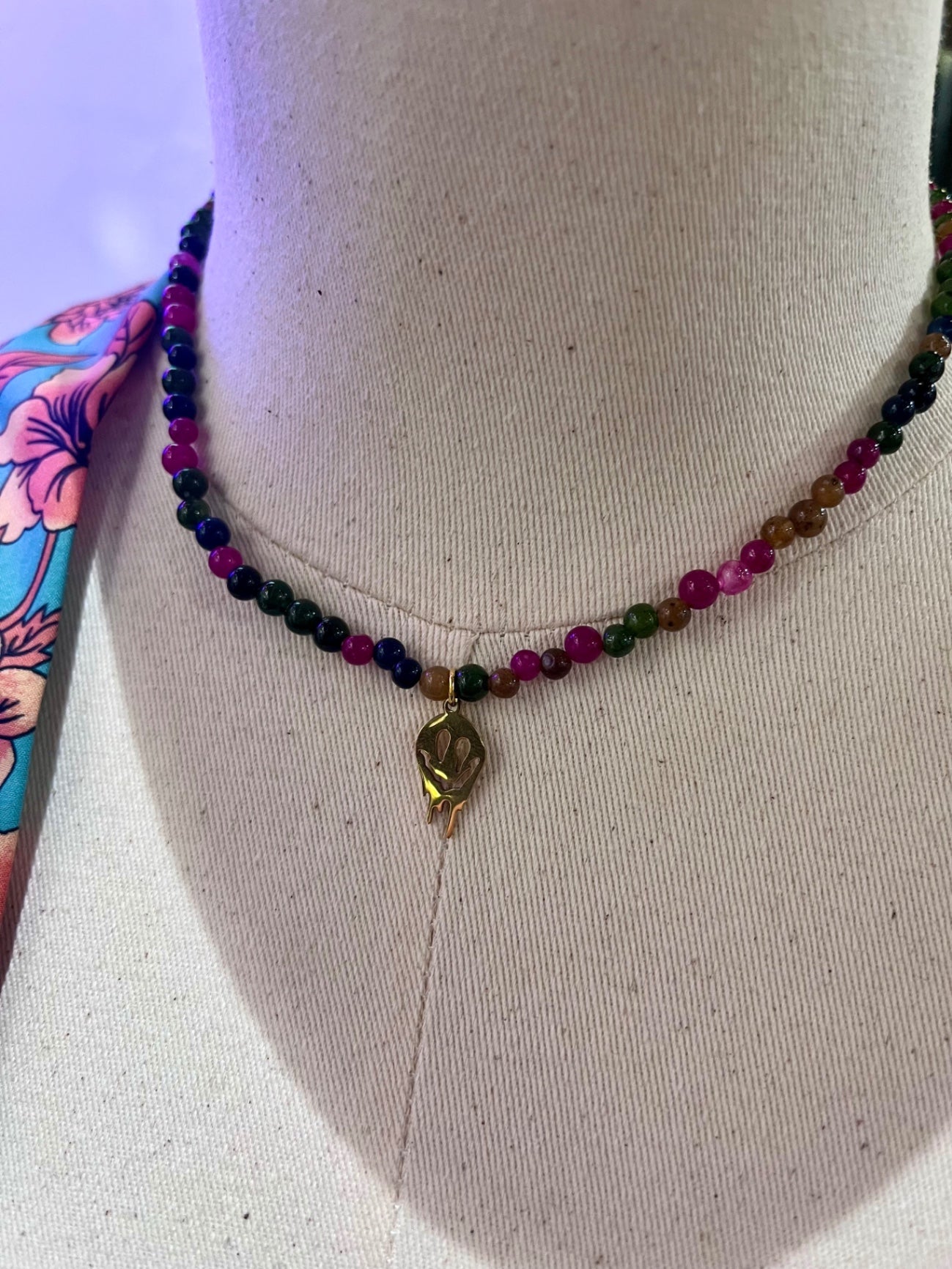 Rainbow Tourmaline Gold Smiley Charm Necklace
