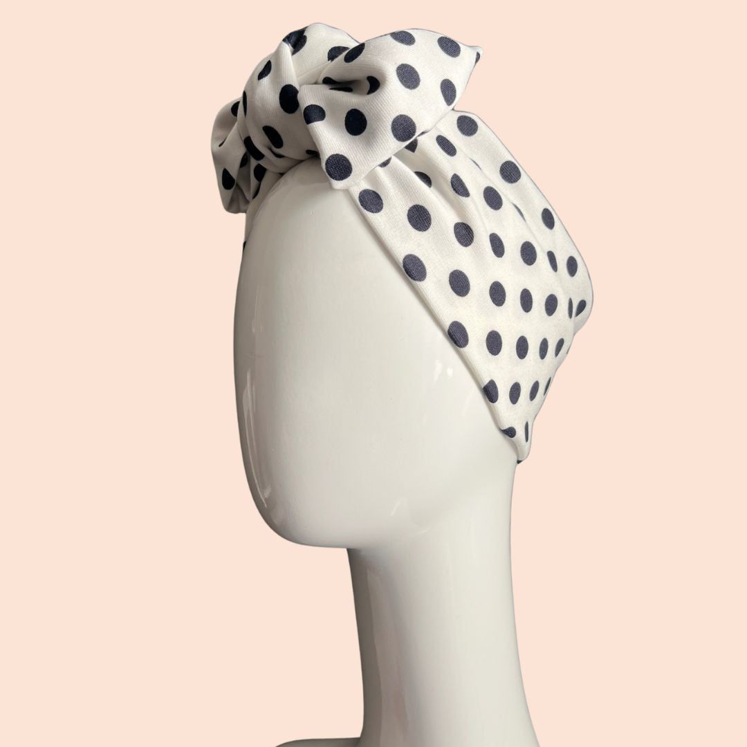 White and Navy turban bow headband