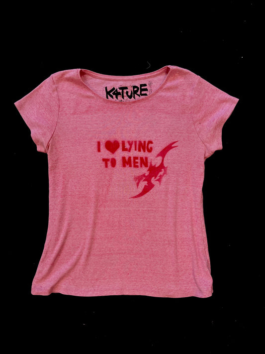 I love lying to men pink t shirt (red spray paint text & flames)