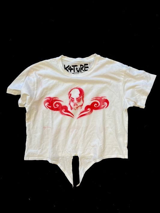 White tie front t shirt with red spray paint tramp stamp