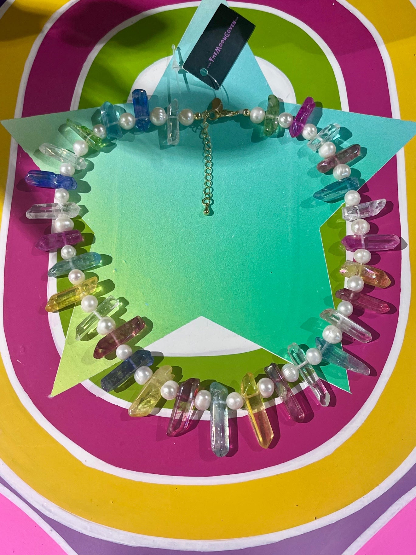 Rainbow Aura Quartz & Biwa Pearl 16” Necklace