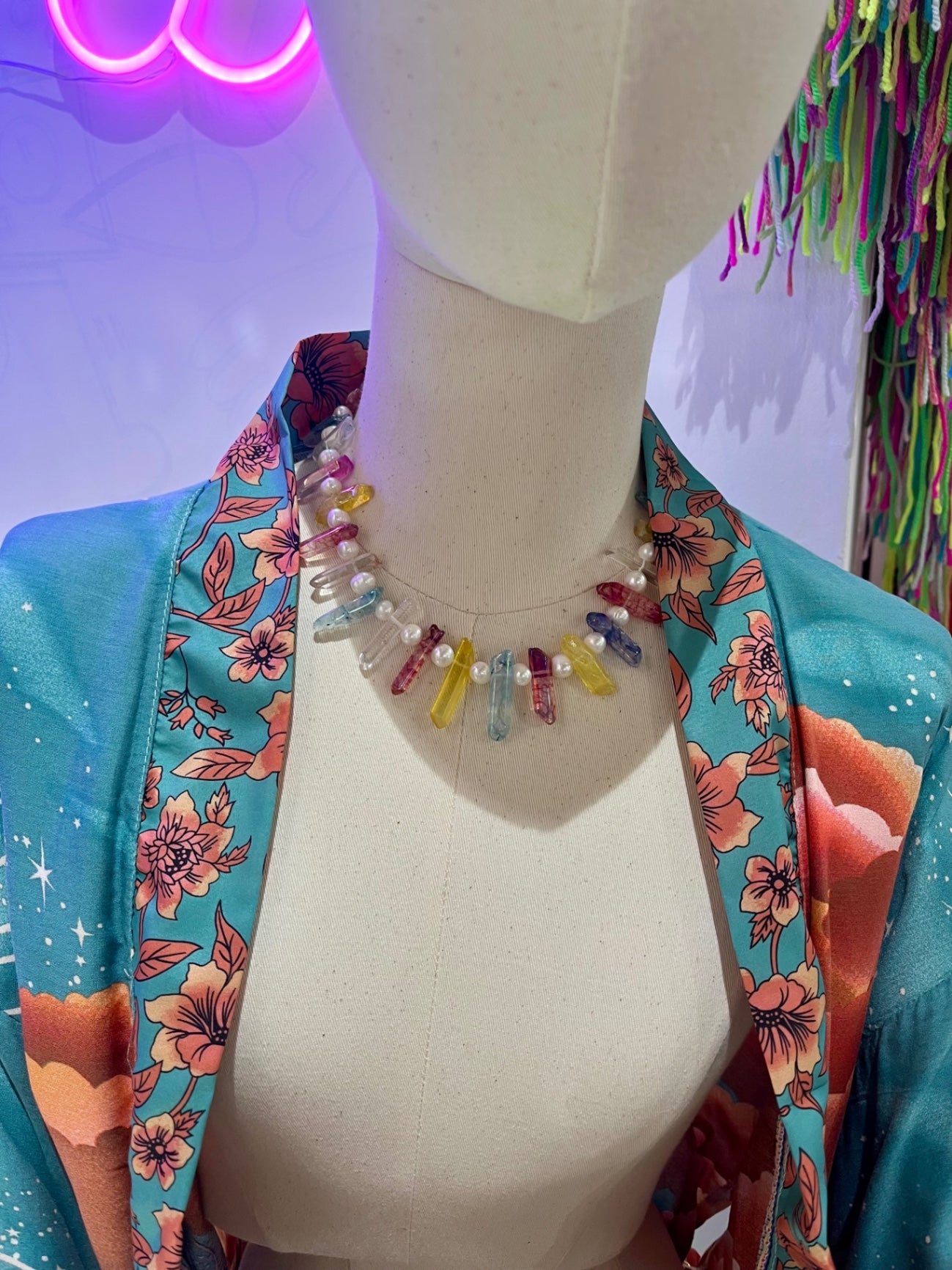 Rainbow Aura Quartz & Biwa Pearl 16” Necklace