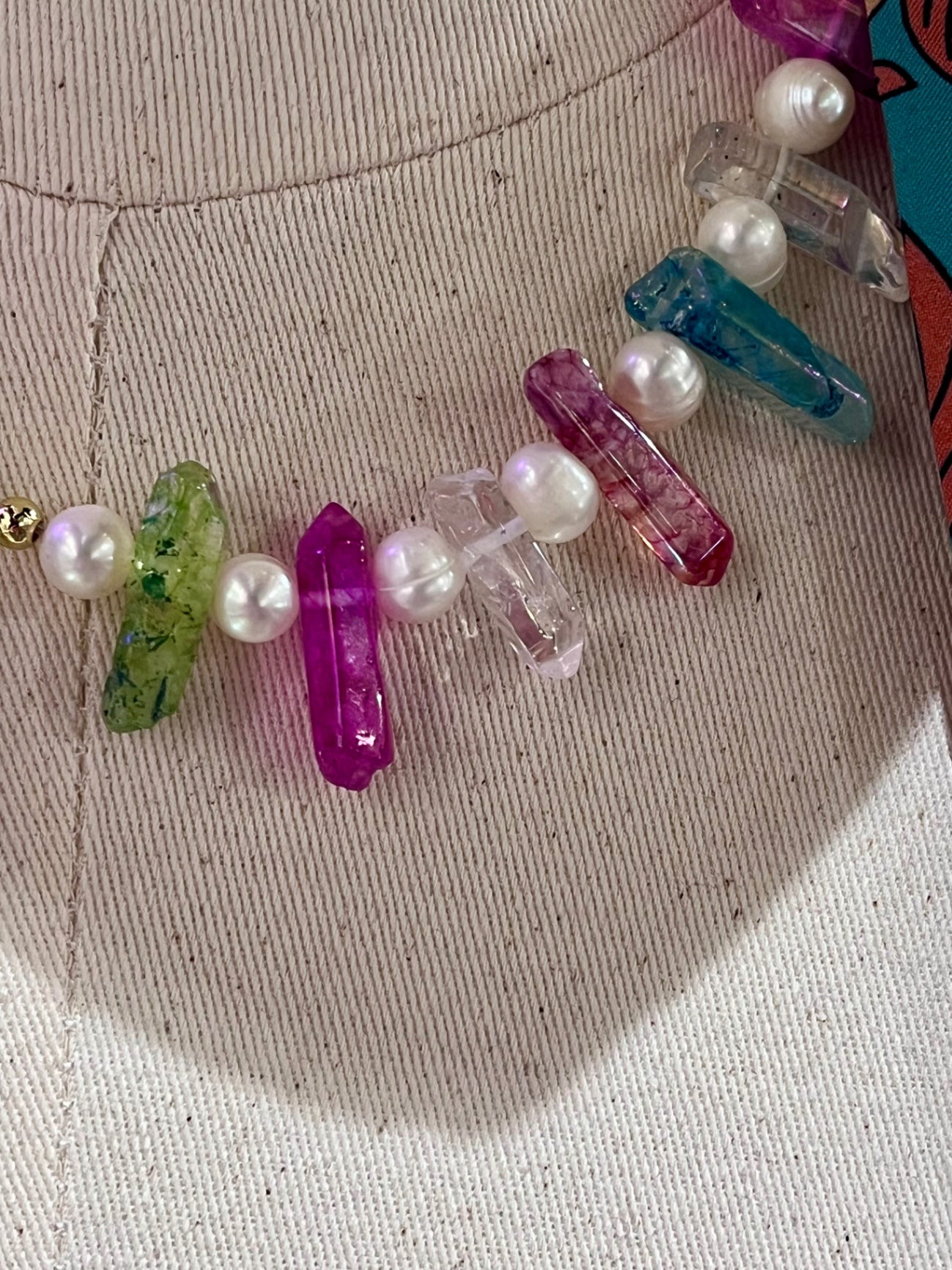 Rainbow Aura Quartz & Biwa Pearl 16” Necklace