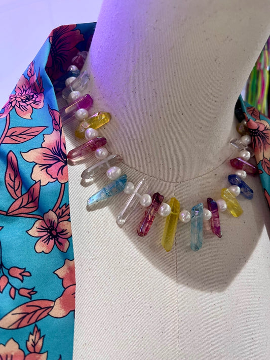 Rainbow Aura Quartz & Biwa Pearl 16” Necklace