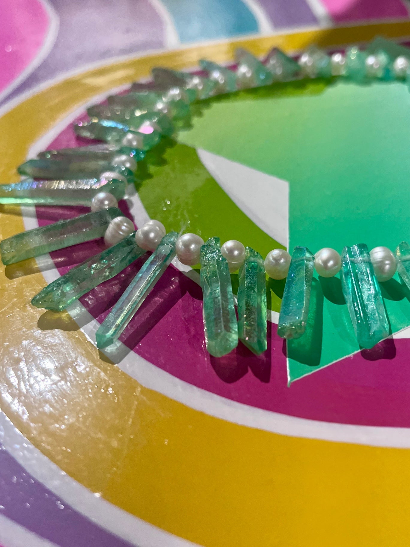 Apple Aura Crystal & Biwa Pearl Necklace 16”