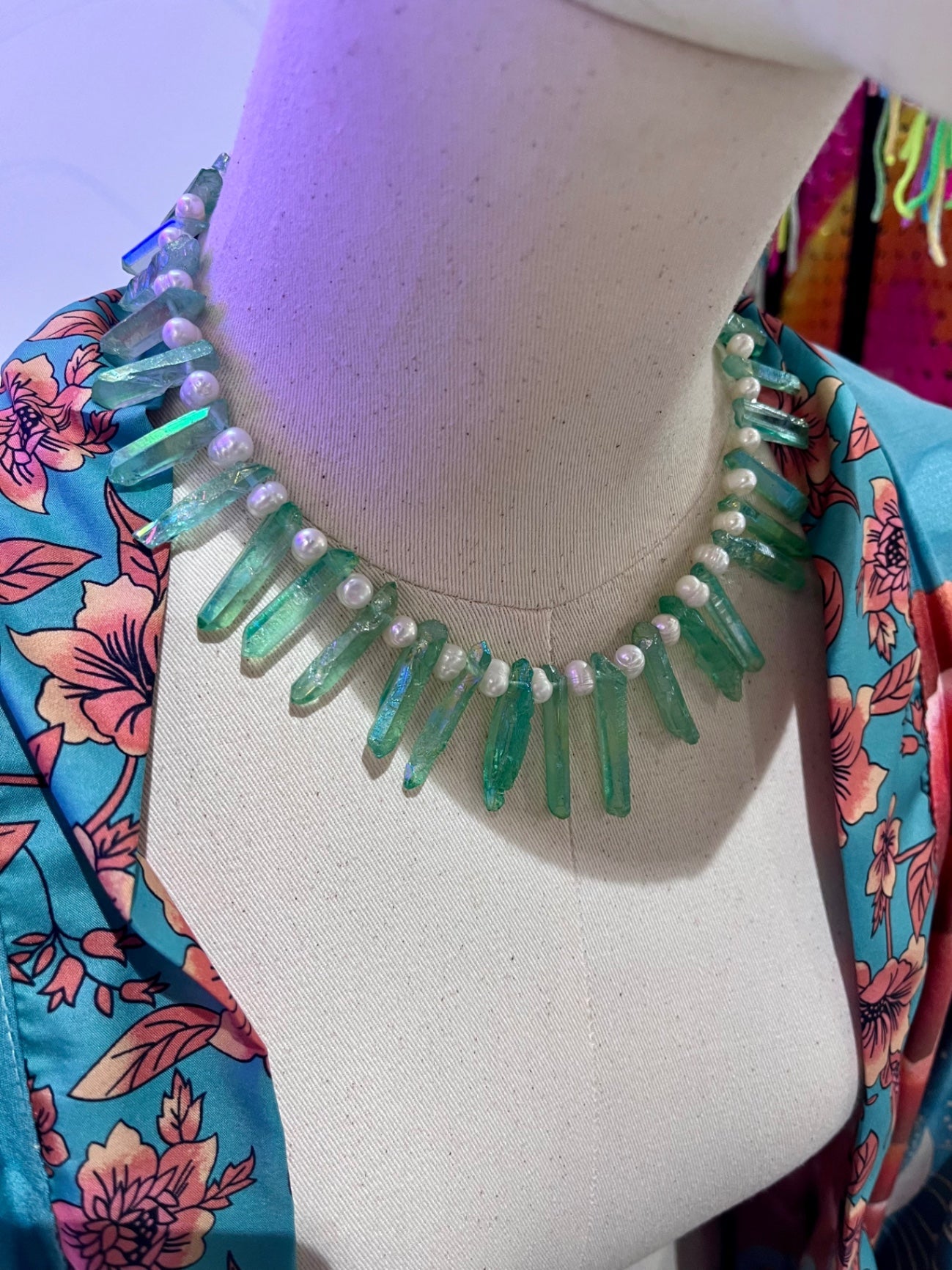 Apple Aura Crystal & Biwa Pearl Necklace 16”