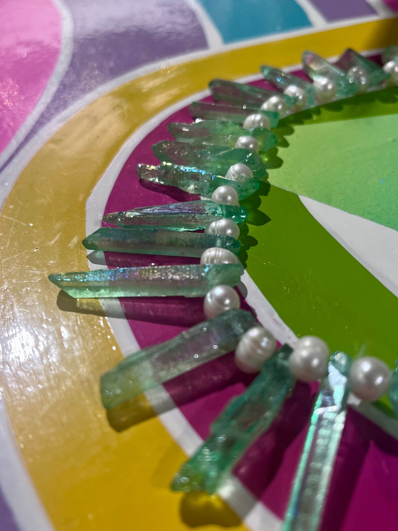 Apple Aura Crystal & Biwa Pearl Necklace 16”