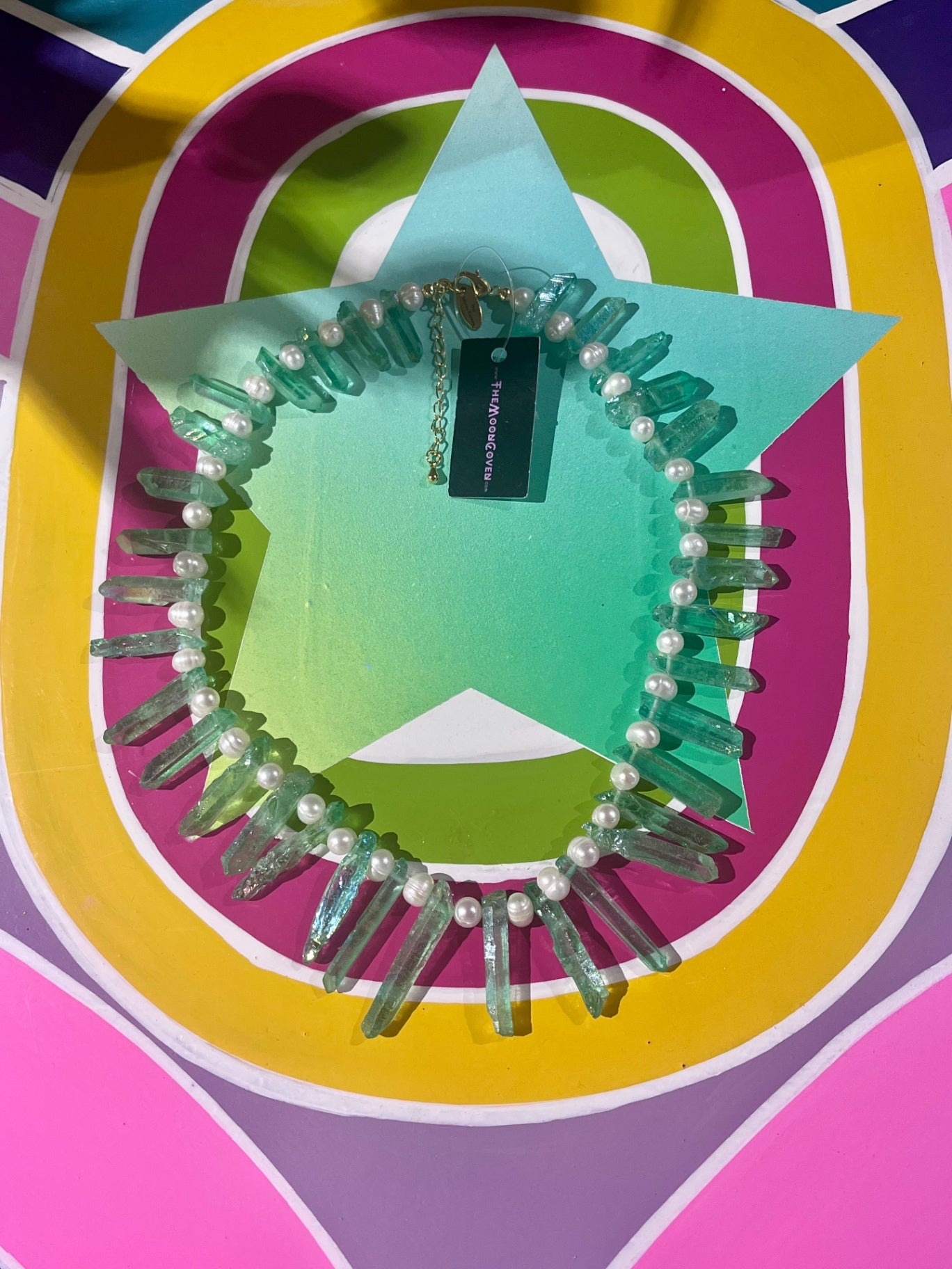 Apple Aura Crystal & Biwa Pearl Necklace 16”