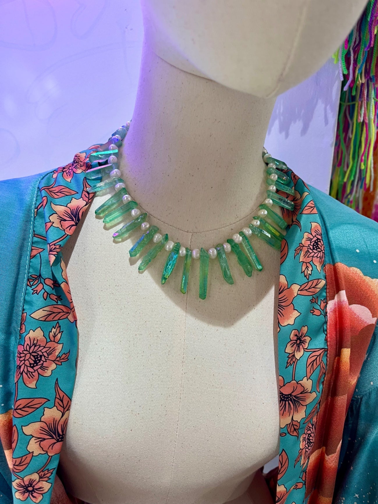 Apple Aura Crystal & Biwa Pearl Necklace 16”